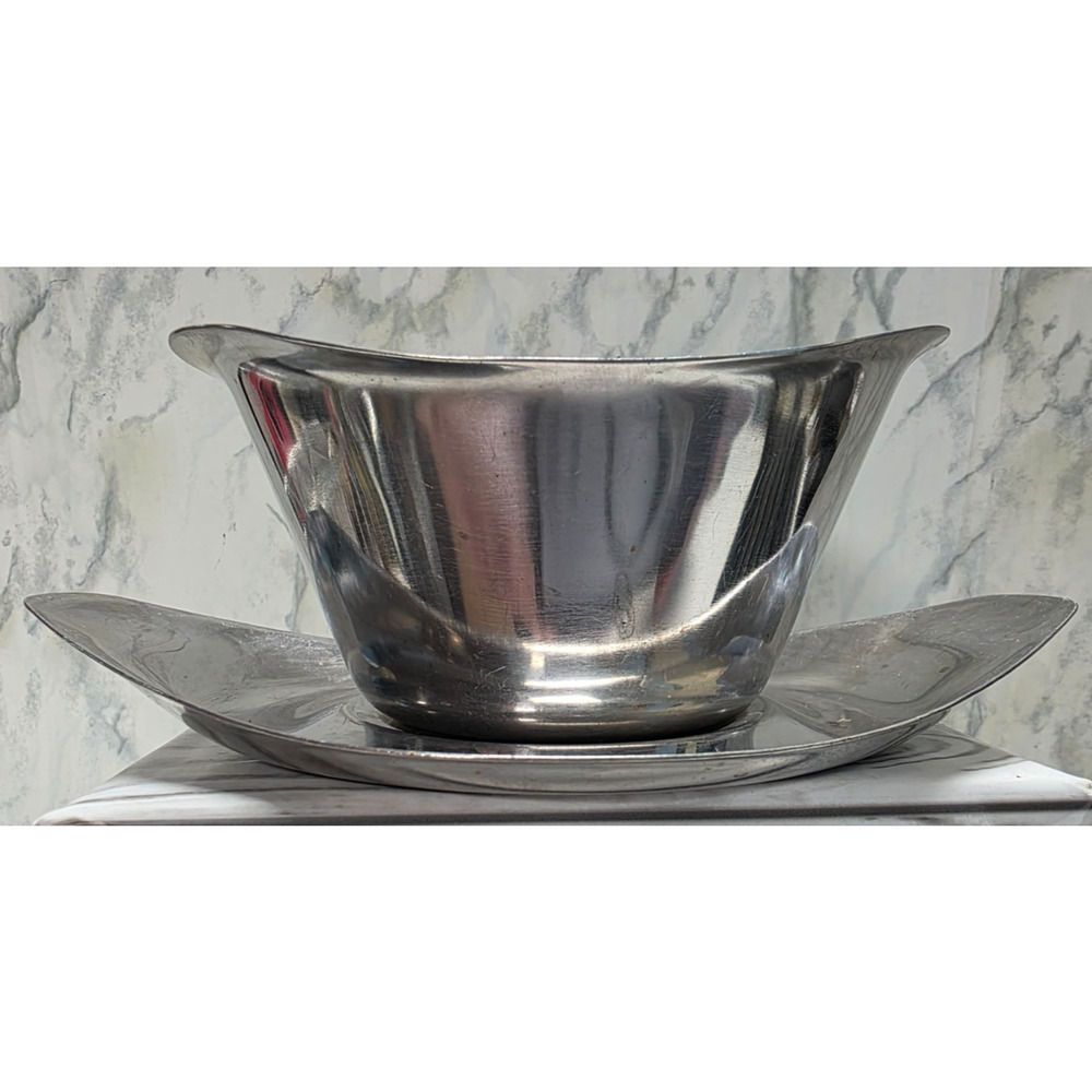 Normandy Distributors, 2 Pc., Stainless Steel Gravy Boat w/Drip Plate, Japan VTG